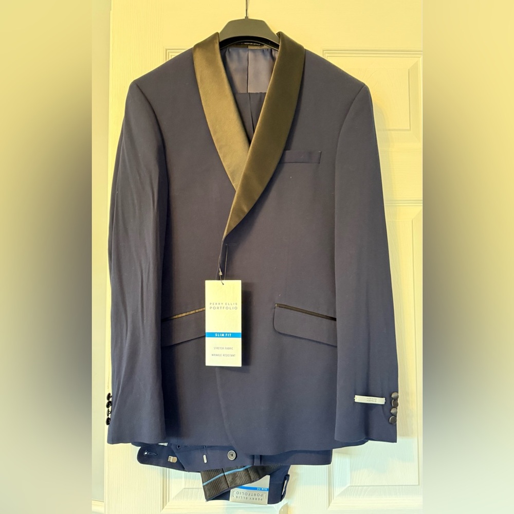 Perry Ellis Navy Blue Tuxedo with Black Satin Lapel